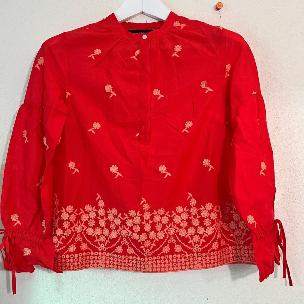 J.Crew Womens Floral Embroidered Popover Blouse Top PXXS Red Long Sleeve Boho